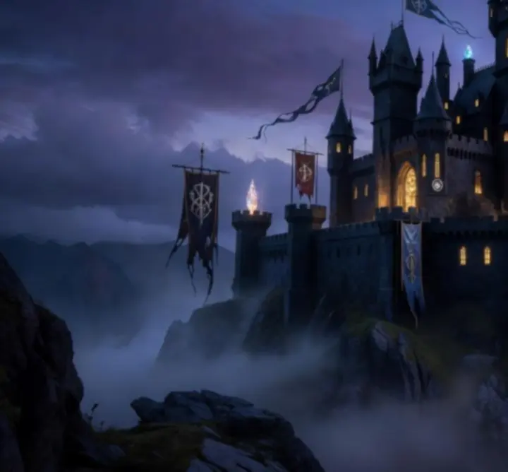 A moonlit fantasy castle towering over hidden arcane lands
