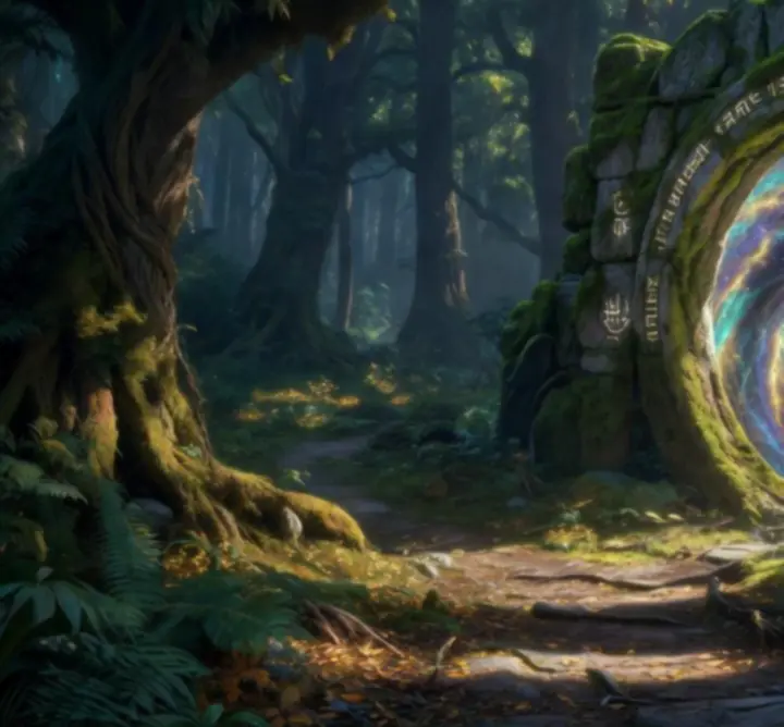 A glowing magical portal inviting adventurers into a hidden world
