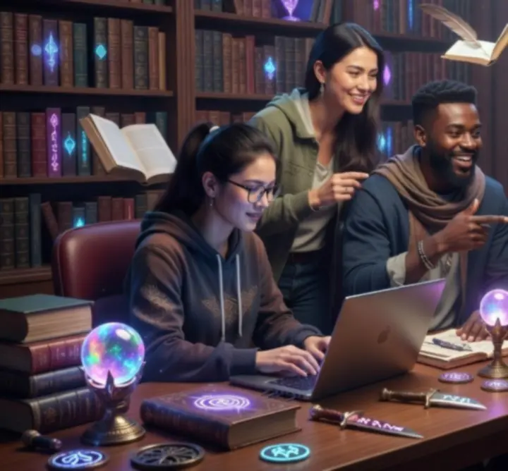 A magical team gathered around glowing tomes and arcane charts