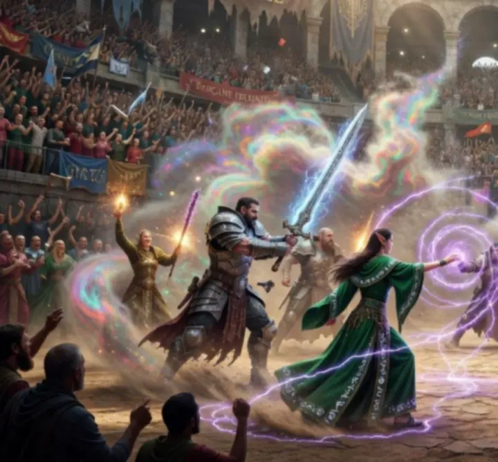A magical combat arena bathed in arcane light during a seasonal event