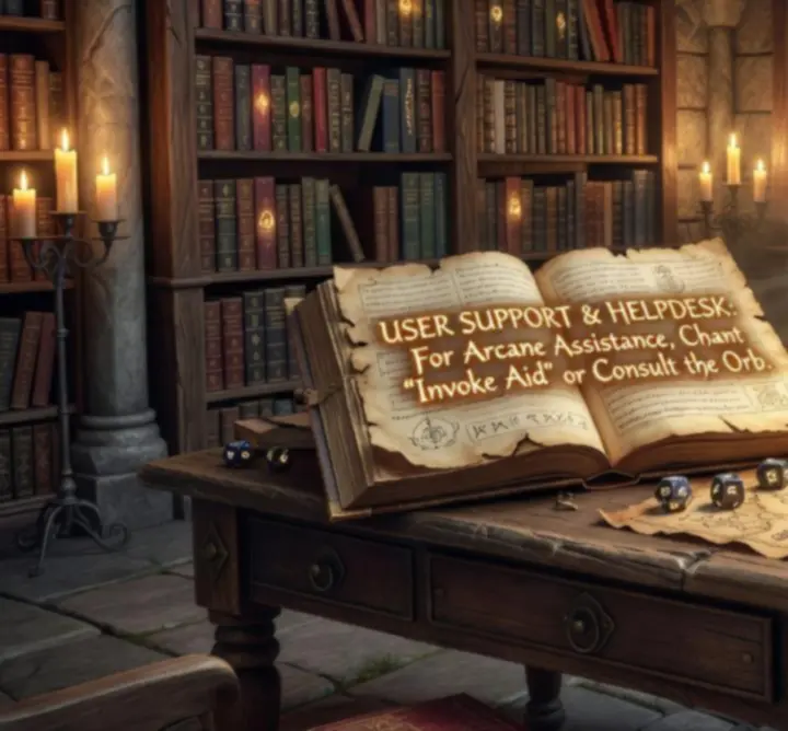 A magical support desk with glowing parchments and quills ready to assist adventurers.