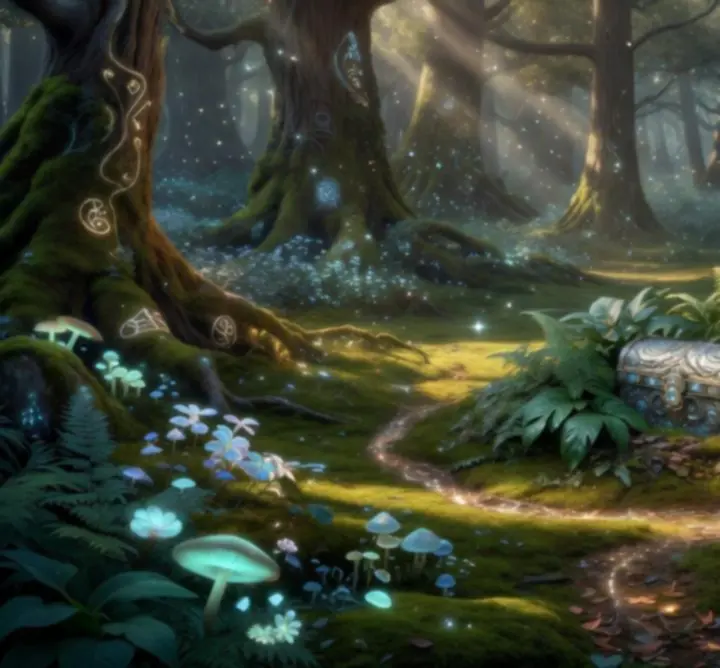 A tranquil, magical forest concealing whimsical easter eggs