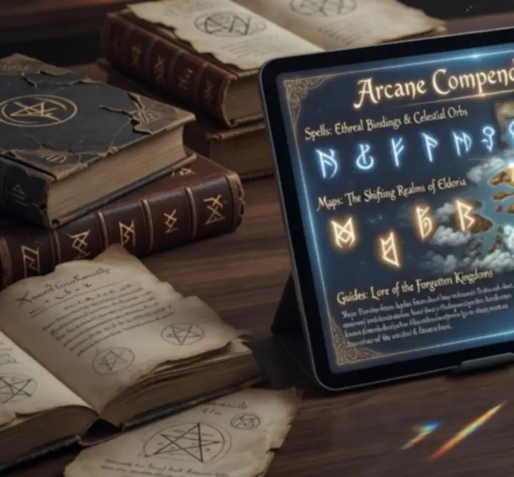 Tablet displaying arcane game guides and fantasy interface