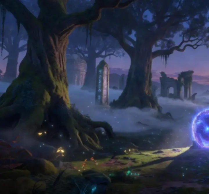 Cinematic arcane landscape with glowing portals and ancient ruins