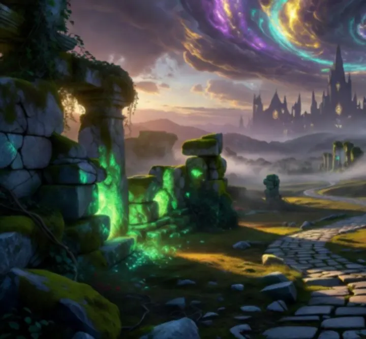 Cinematic magical landscape from Hidden Arcane Tales with arcane energy over ancient ruins