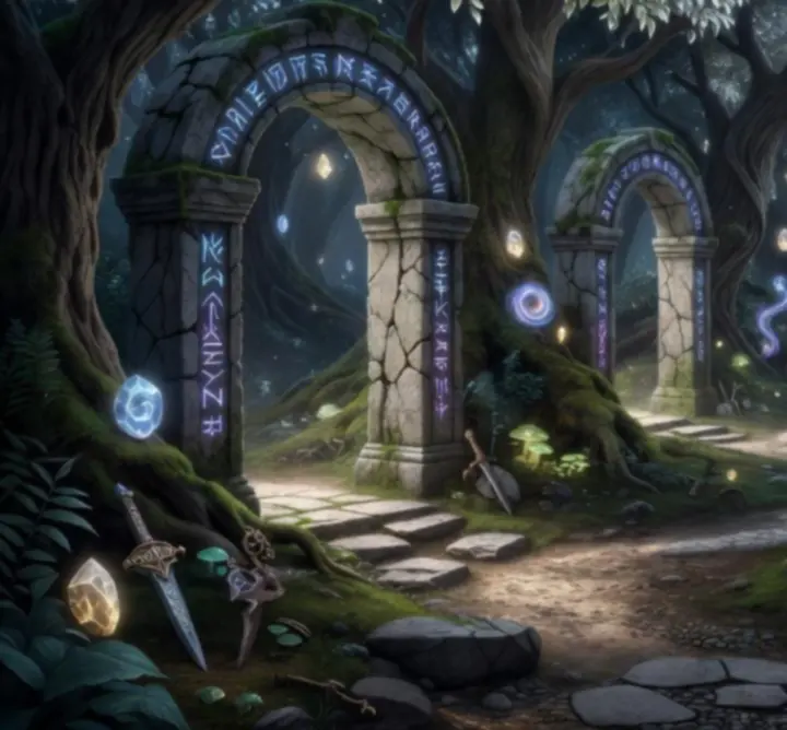 A concealed arcane chamber filled with glowing runes and hidden magical artifacts.