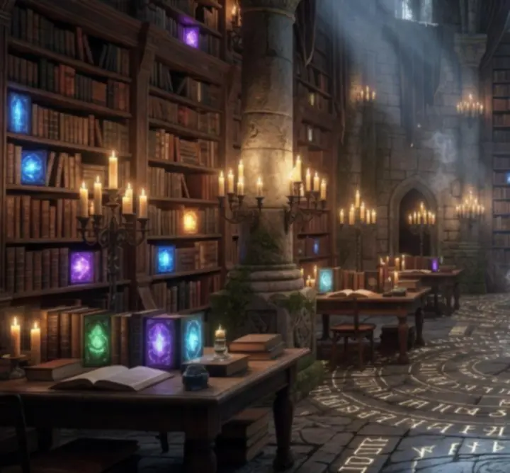 An ancient arcane library lit by violet sigils, symbolizing deep lore research