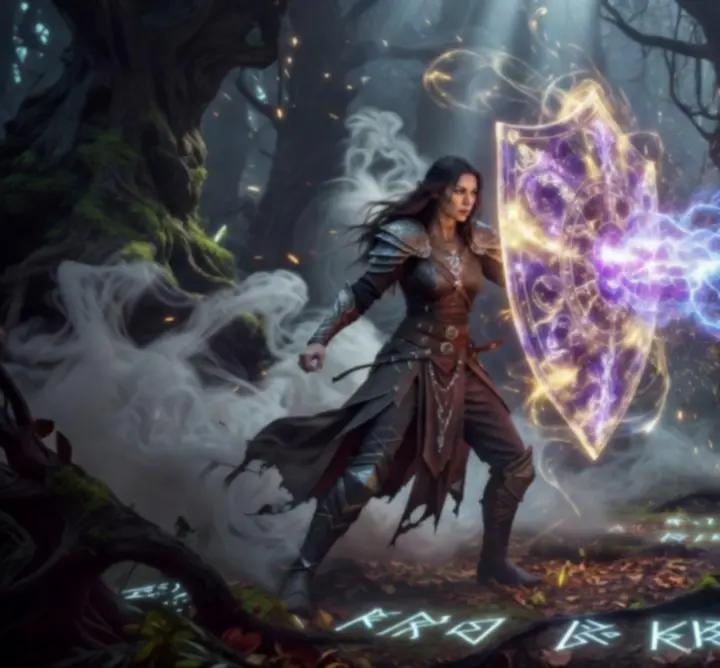 Two magicians locked in a magical duel within an eerie enchanted forest