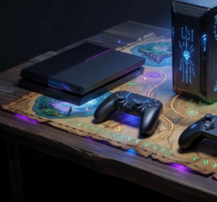 Arcane devices glowing with magical symbols, representing multiple gaming platforms.