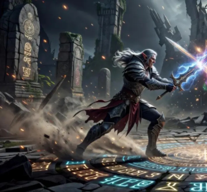 Two sorcerers clashing in a PvP battleground surrounded by ancient ruins