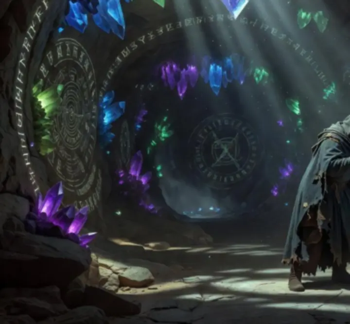 A robed explorer entering a glowing secret chamber hidden behind shifting walls