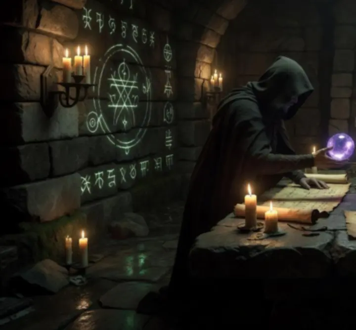 A secret meeting between cloaked NPCs in a moonlit hall