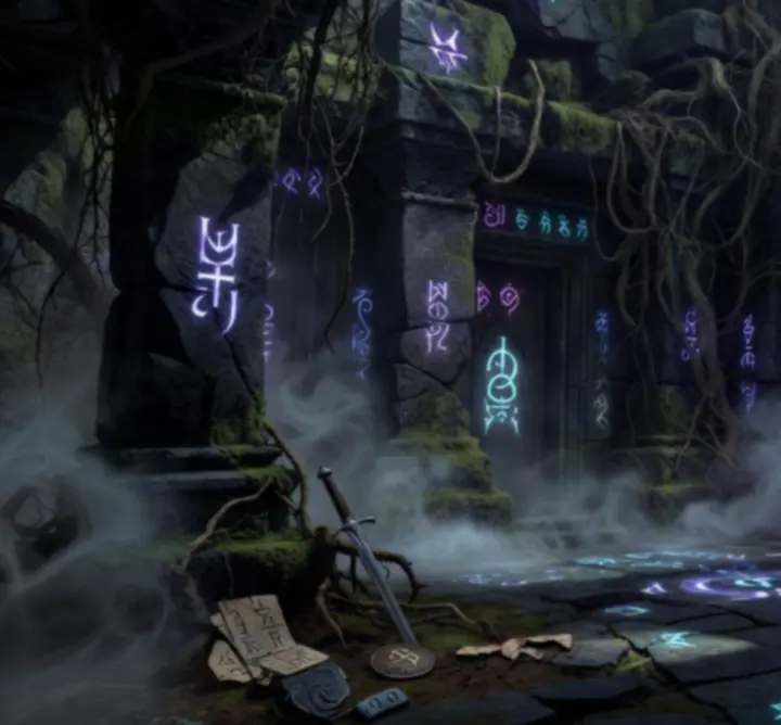 Cinematic view of arcane ruins hidden in the shadows