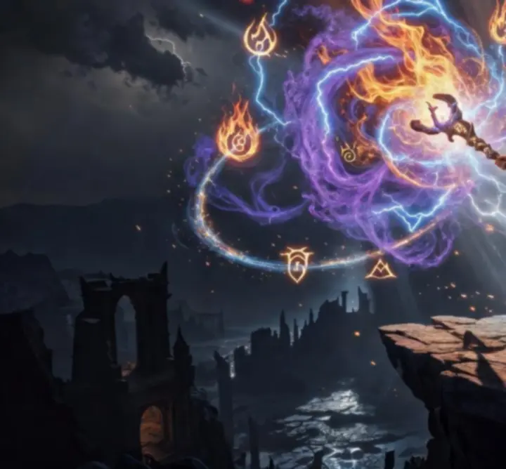 A wizard unleashes a glowing signature spell in a dark-fantasy arena.