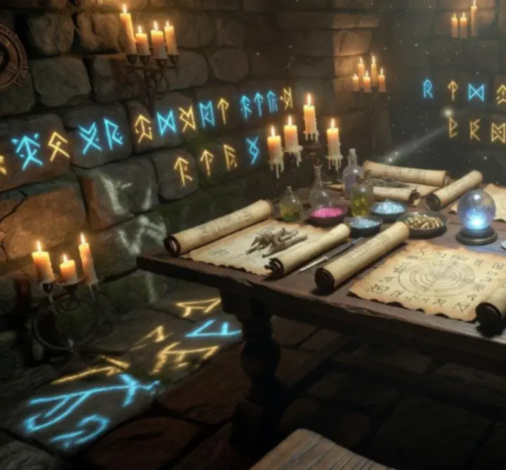 An illuminated spellcrafting table covered in arcane tomes and glowing runes.